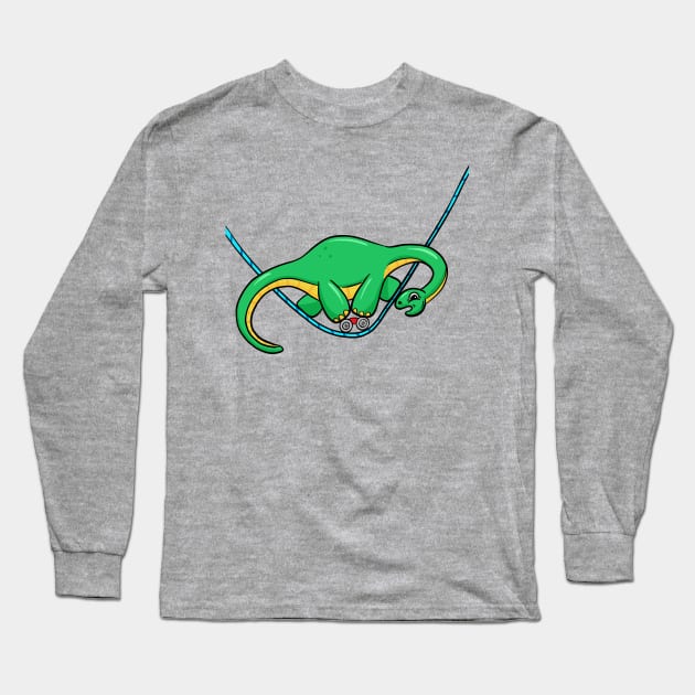 Dinosaur Tightrope on Bike Cartoon Long Sleeve T-Shirt by Squeeb Creative